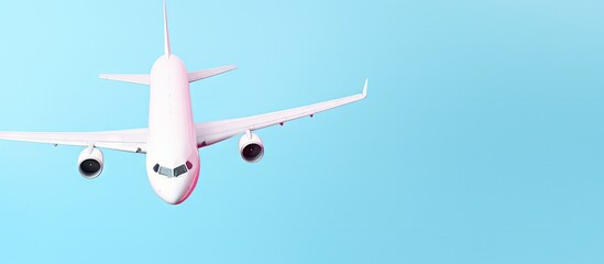 A minimalistic design of a white airplane on a pastel blue background for a travel or vacation themed concept with copy space available Top view flat lay composition