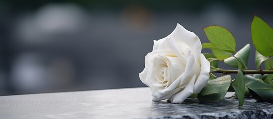 Funeral ceremony outdoors with a white rose on a grey granite tombstone providing a copy space image for text
