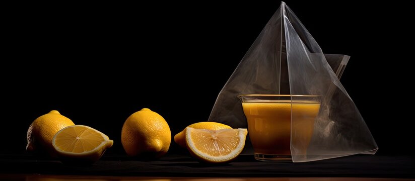 A close up square image showcasing a dark background with a transparent mug two triangular pyramid tea bags filled with black tea and two vibrant yellow fresh lemons The shot is illuminated by natura