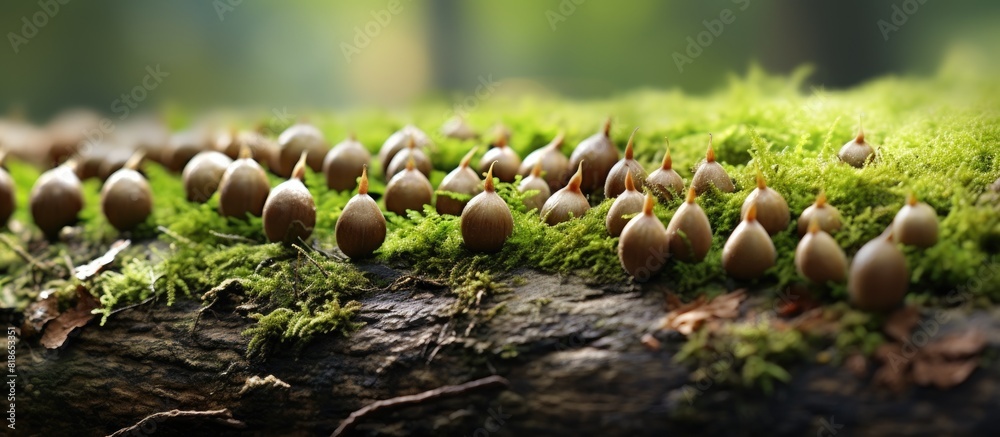 Poster Acorns that dropped onto the moss covered ground. with copy space image. Place for adding text or design