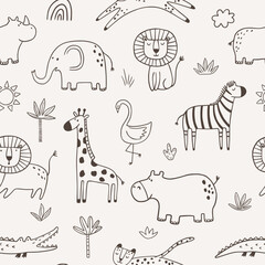 Vector seamless pattern with cartoon safari jungle animals zebra, lion, elephant, crocodile, giraffe, leopard, rhinoceros, hippopotamus.  Outline hand drawn print. Safari animals in doodl style