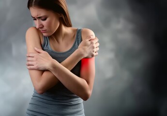 A Russian woman with pain in her arm on a grey background