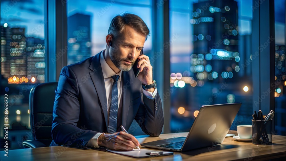 Wall mural Financial Advisor at Late Hours: A financial advisor in a suit, taking calls late at night, depicting 24-hour financial service availability.
