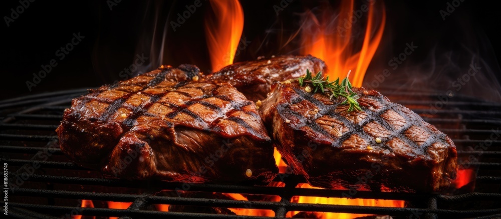 Poster grilled meat sizzling on a barbecue grill with a mouthwatering aroma and a tantalizing appearance in