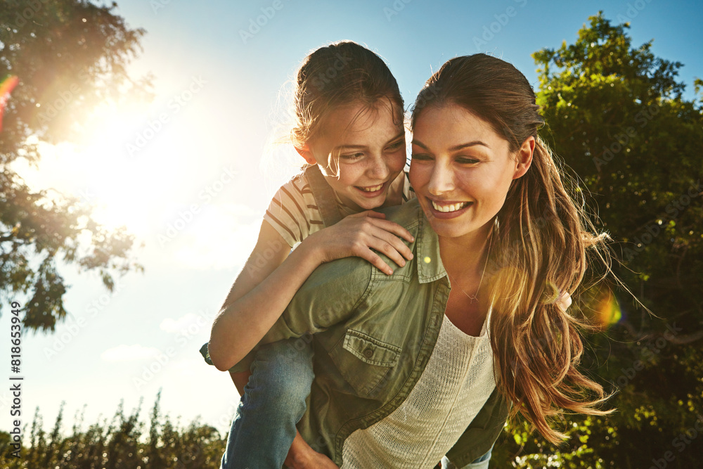 Sticker mother, child and outdoor for piggy back with smile, bonding on vacation in australia. female person