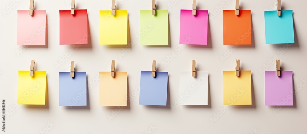 Aufkleber memo note cards with pastel pins pinned to a white board creating an empty backdrop for text or visu