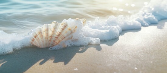 A close up abstract image of sea foam resting on a sandy beach featuring a small shell within the frame for copy space