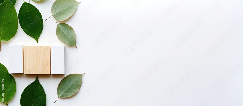 Poster From a top down perspective there is a set of wooden building blocks on a white background Alongside them lies a pristine white card with empty space for text In addition a solitary green leaf comple