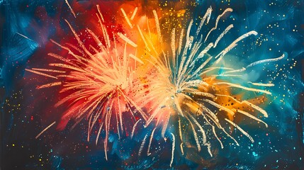 Bright and cheerful crayon depiction of a fireworks display on Independence Day