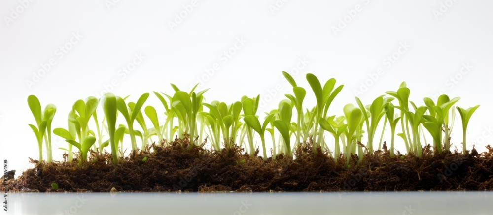 Poster Close up view of young spring sprouts isolated on a white background with ample copy space image