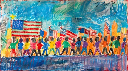 Fototapeta premium Childlike crayon drawing of an Independence Day parade 