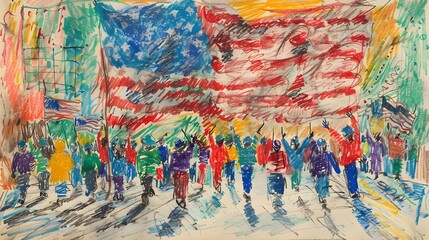 Childlike crayon drawing of an Independence Day parade