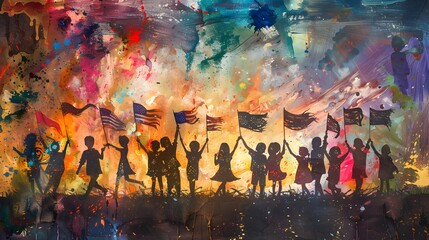 Crayon art of children waving flags on Independence Day.