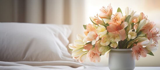 Alstroemeria flowers and decor adorn a vase on a bedside table in a bedroom. with copy space image. Place for adding text or design