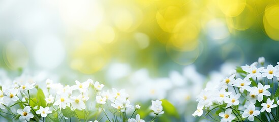 A beautifully blurred bokeh summer background featuring yellow and white flowers with vibrant green leaves Perfect for copy space image