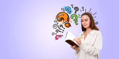 Young businesswoman write in notebook, set of question marks copy space
