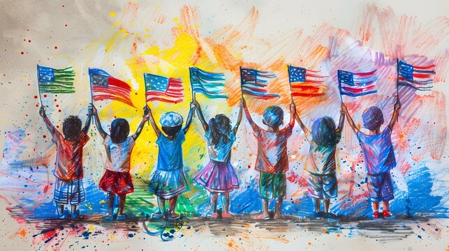 Crayon art of children waving flags on Independence Day 