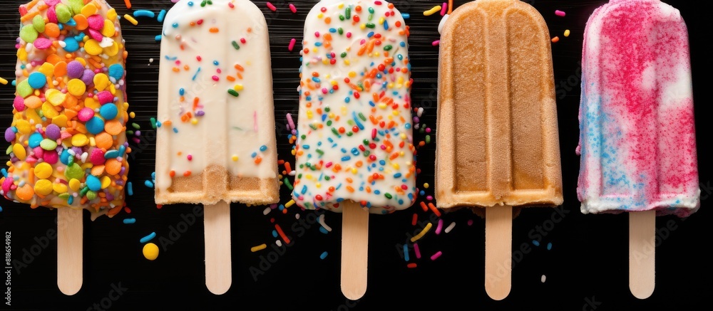 Poster colorful sweet candy sprinkles enhance the visual appeal of the isolated ice cream popsicle on stick