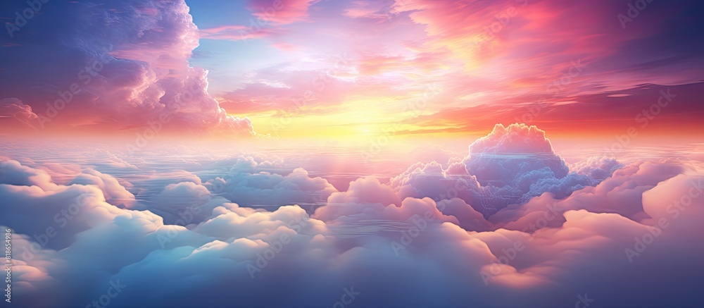 Poster In the evening there are beautiful rainbow clouds floating above the dark clouds creating a captivating and breathtaking view in the sky The image has enough empty space for text