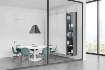 Grey business interior with glass room with round table and chairs, window