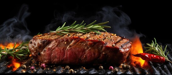 A delicious beef steak cooked on a grill served on a black table ready for a restaurant menu photograph with copy space 118 characters