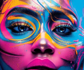 Close-up of a face with vibrant, colorful neon magenta and cyan paint splashes creating an artistic, abstract look. Bright makeup with attention on the eyes and lips.