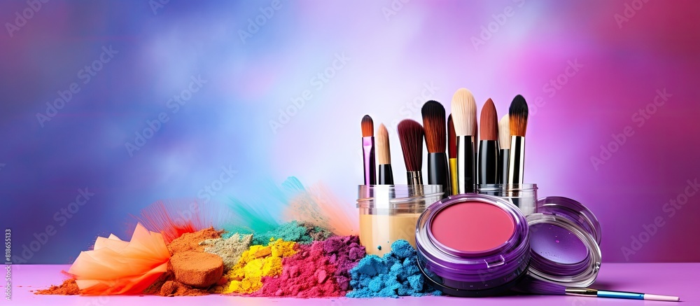 Poster Colorful makeup supplies displayed on a vibrant background with ample copy space for adding text or graphics to the image