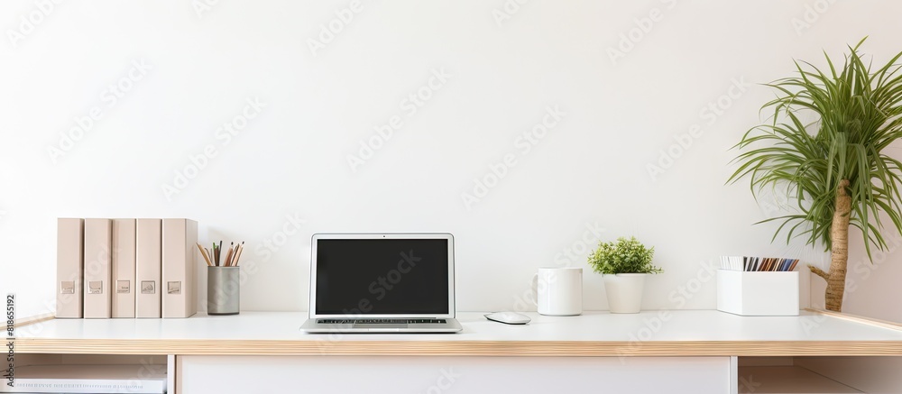 Poster The home office features a modern white desk with a laptop stationery and a computer A copy space image is available for adding text or graphics