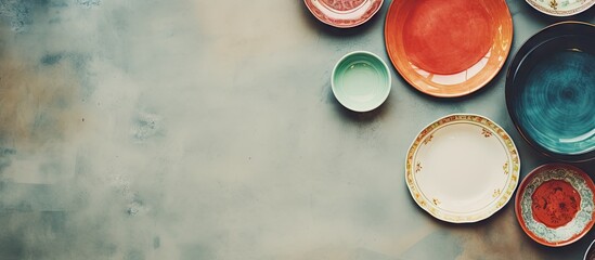 Close up of vintage porcelain dishes on a concrete background creating a visually appealing copy...