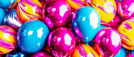 Vibrant, colorful balloons and orbs in blue, pink, and yellow hues. Perfect for celebrations, festivals, and joyful occasions.