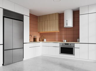 Modern kitchen with white cabinets, stainless steel appliances, and a wooden backsplash in a tidy layout, daylight. 3D Rendering