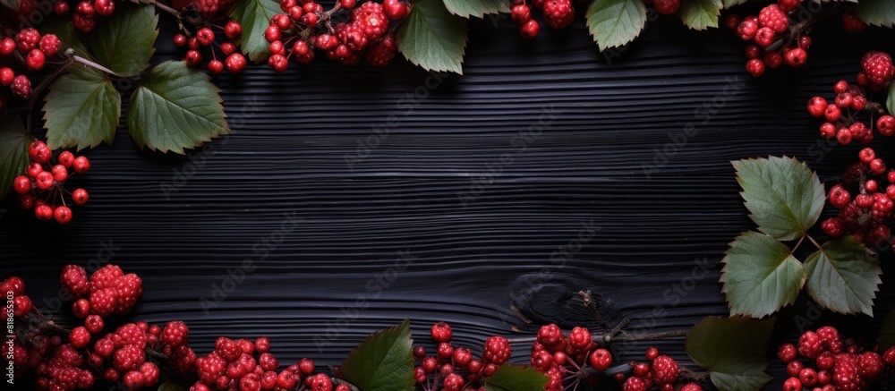 Poster a dark wooden background showcasing a corner frame created from berry branches and guelder rose vibu