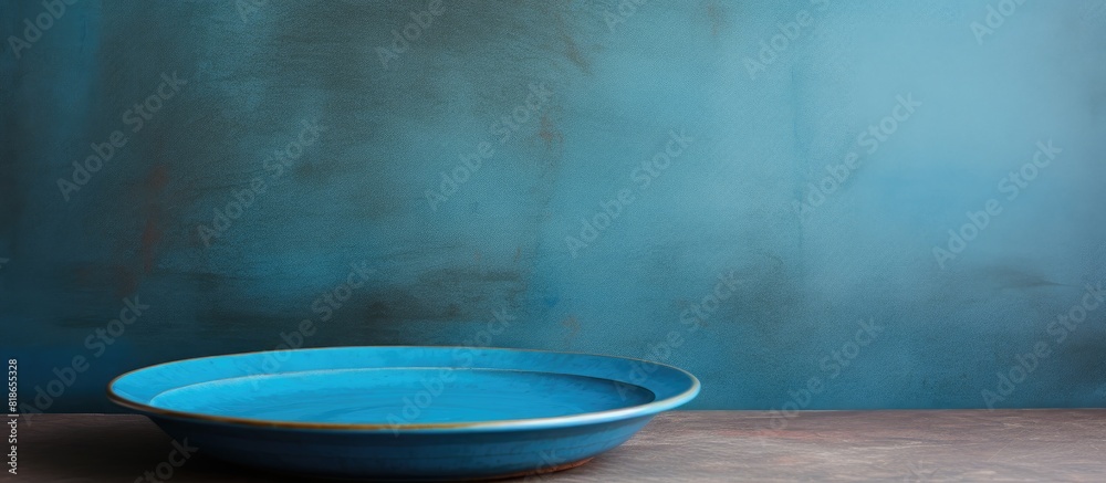 Poster A perspective view of a blue plate on a cement background with empty space for your design presented as a copy space image