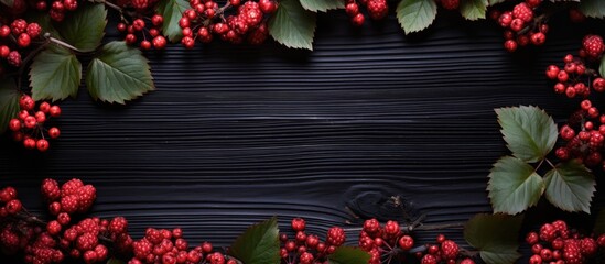 A dark wooden background showcasing a corner frame created from berry branches and guelder rose viburnum leaves providing ample copy space in a flat lay