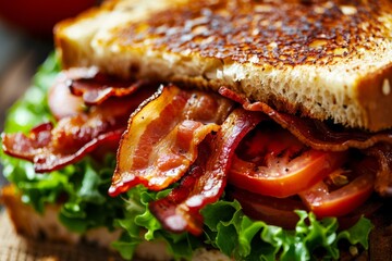 Closeup of a classic BLT sandwich featuring crispy bacon, vibrant lettuce, and fresh tomato slices on a toasted bread - Powered by Adobe