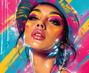 Colorful portrait of a woman in vibrant makeup and hat, with artistic paint splashes. Modern and dynamic visual art piece.