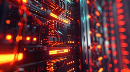 Obraz premium close up view of rack machine data center, 3D rendering of computer data center