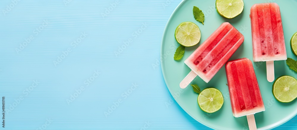 Poster A close up image of a refreshing ice cream popsicle on a plate accompanied by watermelon slices an ice cube and a lime The blue background adds to the vibrant top view aesthetic