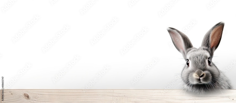 Poster easter bunny with gray fur gazing at the signboard on a white background copy space image