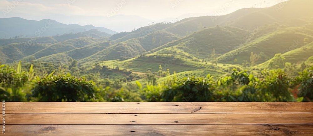 Aufkleber Copy space image of an empty wooden table overlooking a picturesque mountain or a wooden desk surrounded by a serene tea plantation with a blurred bokeh background Add your own text