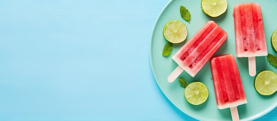 A close up image of a refreshing ice cream popsicle on a plate accompanied by watermelon slices an ice cube and a lime The blue background adds to the vibrant top view aesthetic