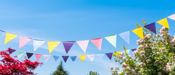 Colorful pennant against blue sky in the garden as a summer party decoration
