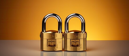 A photo showing two padlocks connected with a small key placed against a gold and silver background...
