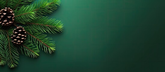 Copy space image featuring a flat lay of a corner decoration for a Christmas tree on a vibrant green background