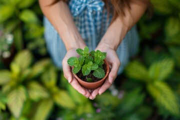 Closeup of a womans hands holding a small potted plant against a vibrant background