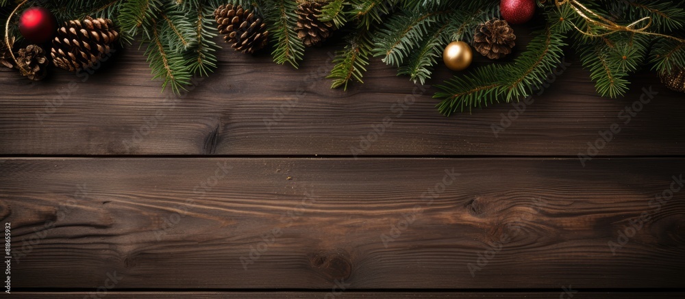 Poster dark wooden board with a christmas themed background featuring a fir tree and decoration leaving an 