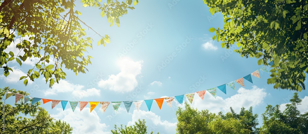 Poster the summer party banner features a vibrant string of pennants hanging among the lush green tree leav
