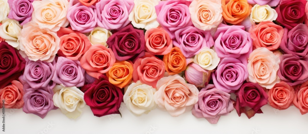 Poster A flat lay of vibrant roses arranged in a floral pattern against a white background The top view showcases the intricate texture and design of the flowers creating a captivating Valentine s backgroun