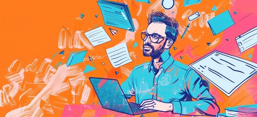 An illustration of a man using a laptop with various documents and files in the background. AIGZ01