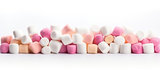A white background with marshmallows arranged leaving space for other elements in the image. with copy space image. Place for adding text or design